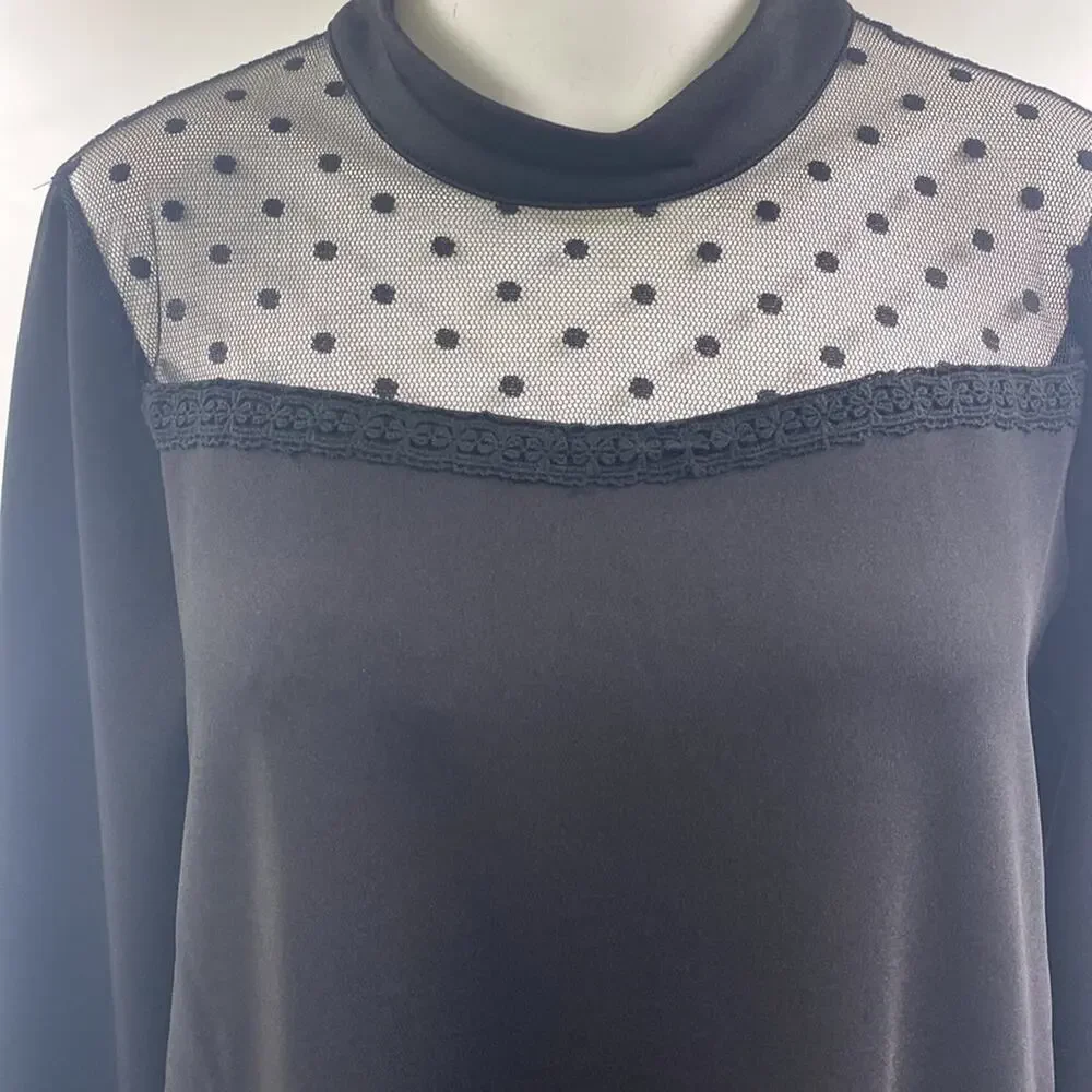 Suzanne Betro Dress Black Polkadot Sheer Neck Long‎ Sleeve Dress Sz M NWT